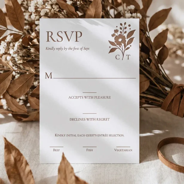 Minimal Hand-Drawn Floral Botanical Monogram Crest Letterpress RSVP Cards
