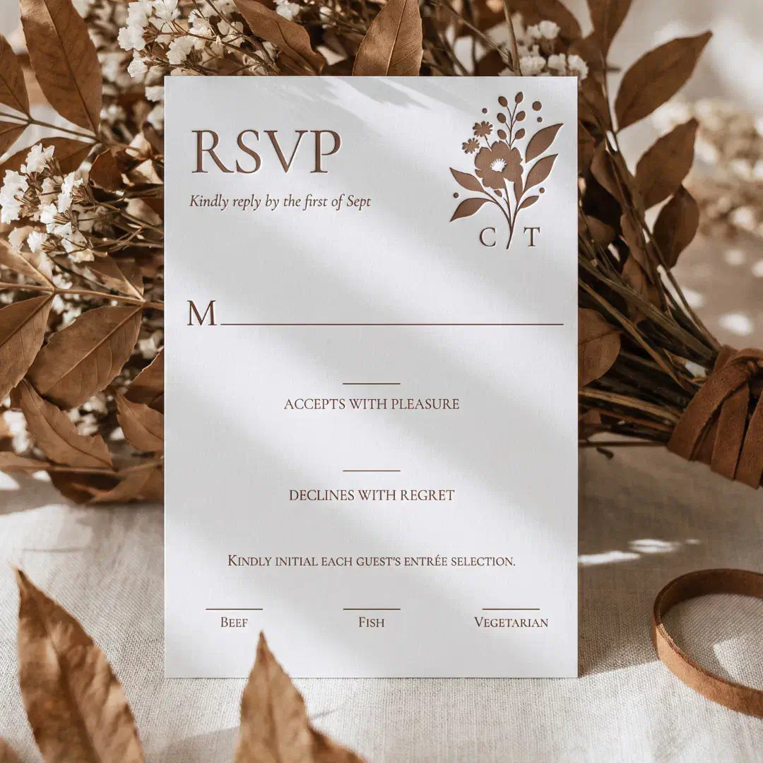 Minimal Hand-Drawn Floral Botanical Monogram Crest Letterpress RSVP Cards