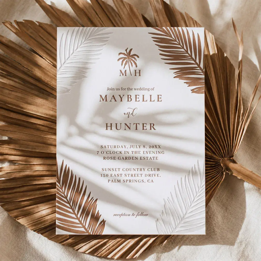 Minimal Tropical Palm Leaf Monogram Boho Wedding Letterpress Invitation