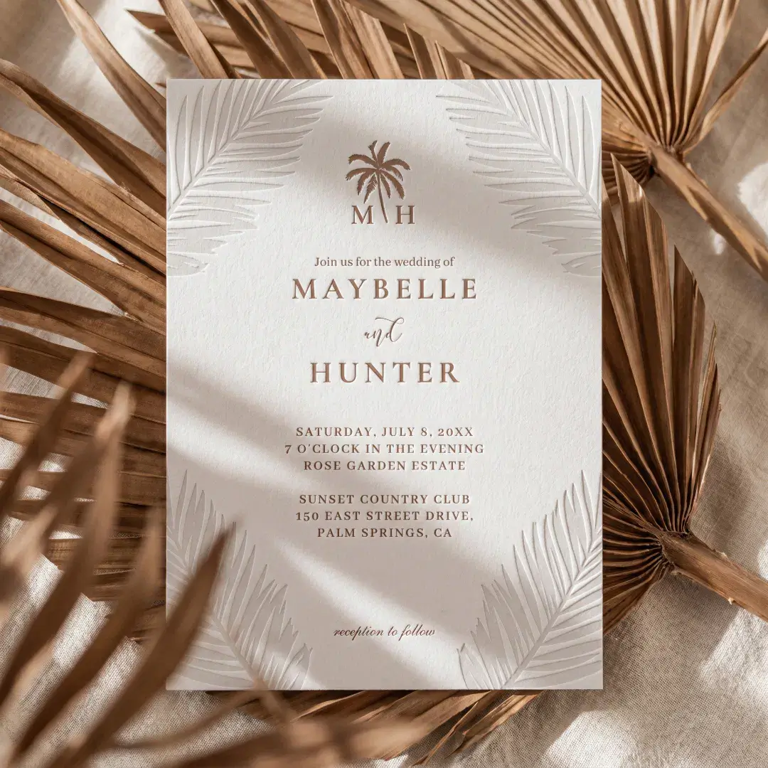 Minimal Tropical Palm Leaf Monogram Boho Wedding Letterpress Invitation