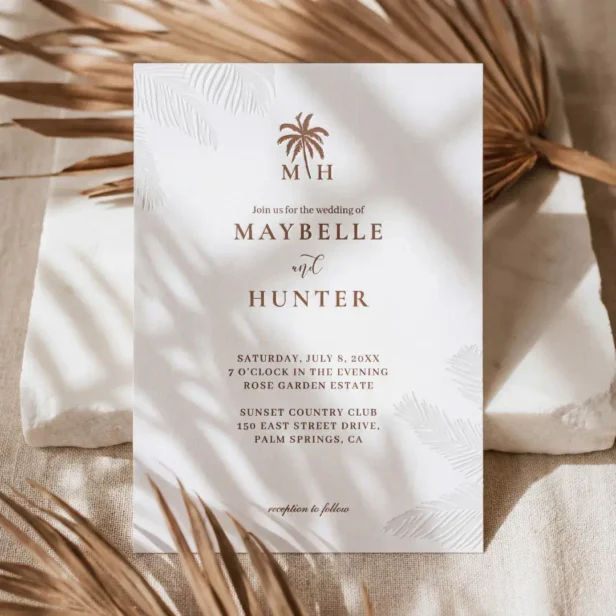 Minimal Tropical Palm Tree Monogram Beach Wedding Letterpress Invitation
