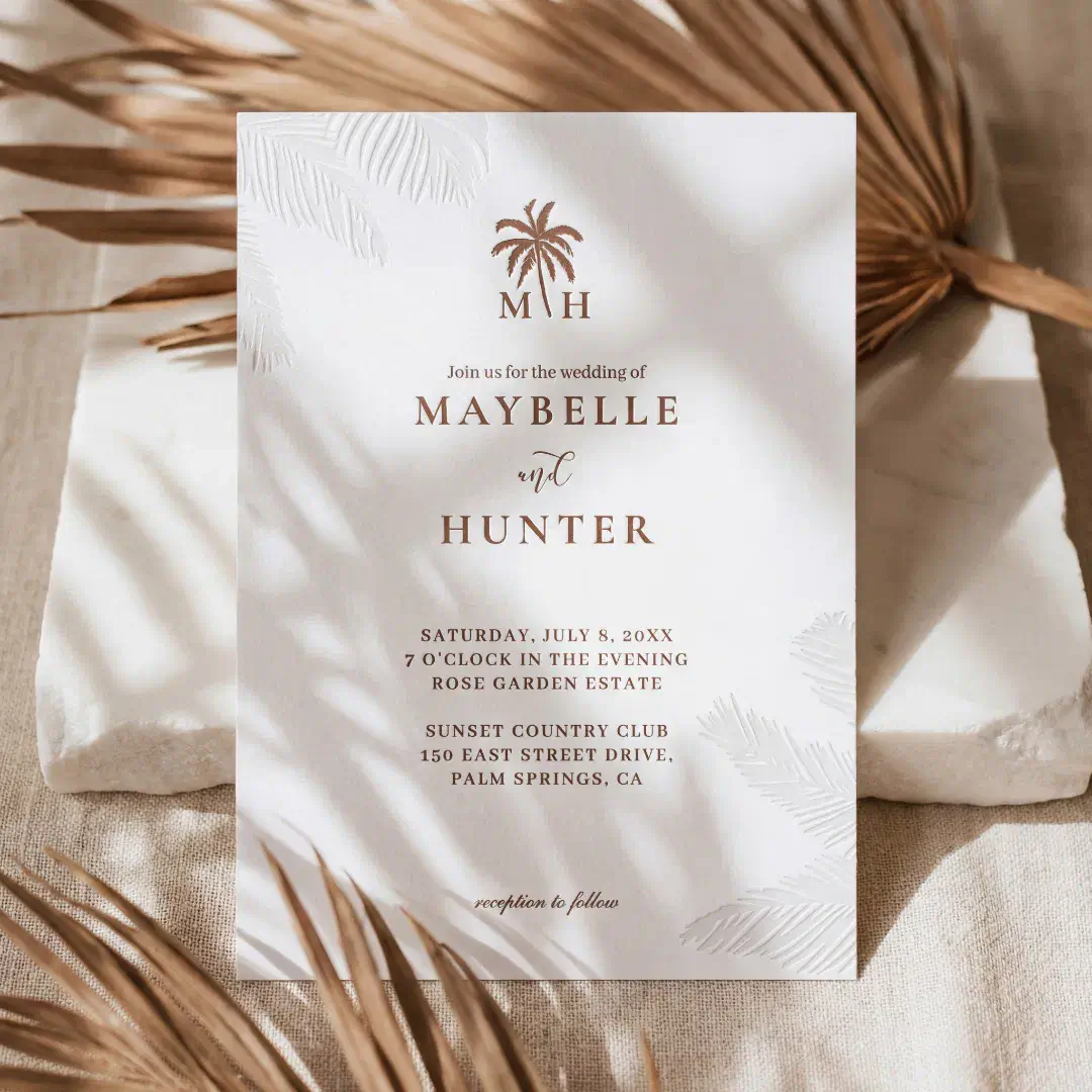 Minimal Tropical Palm Tree Monogram Beach Wedding Letterpress Invitation