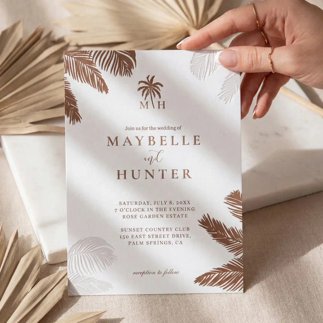 Minimal Tropical Palm Tree Monogram Beach Wedding Letterpress Invitation