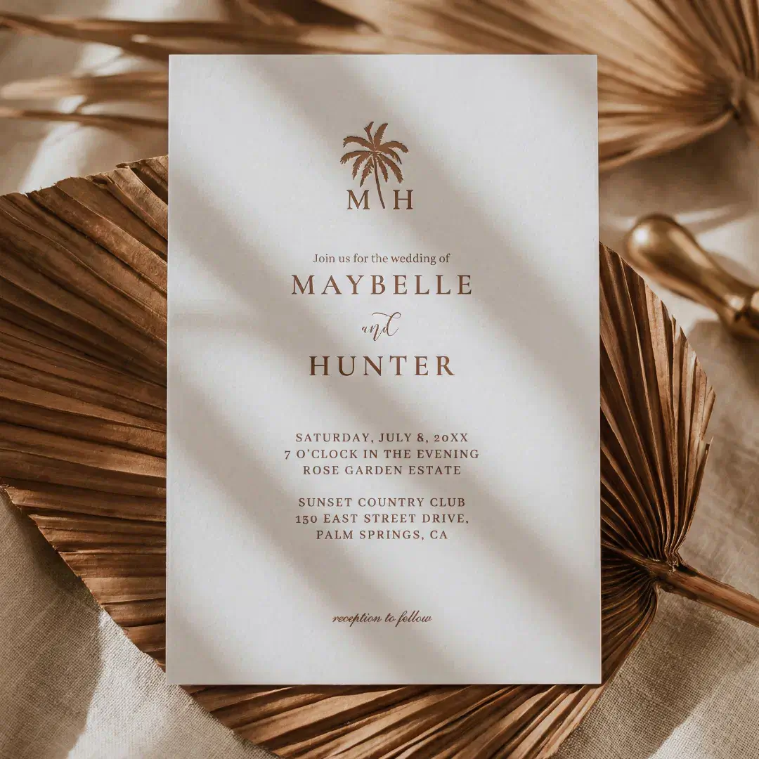 Minimal Tropical Palm Tree Monogram Beach Wedding Letterpress Invitation