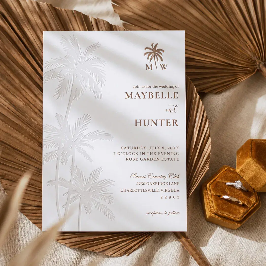 Minimal Tropical Palms Tree Monogram Beach Wedding Letterpress Invitation