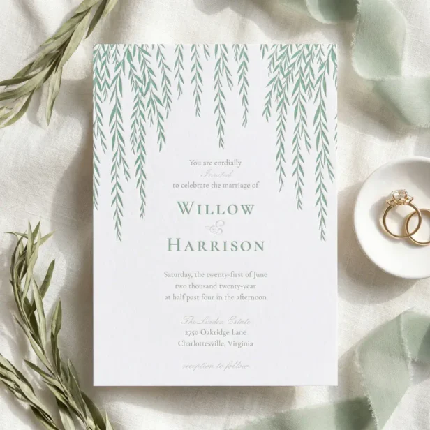 Modern Elegant Rustic Willow Tree Foliage Wedding Letterpress Invitation