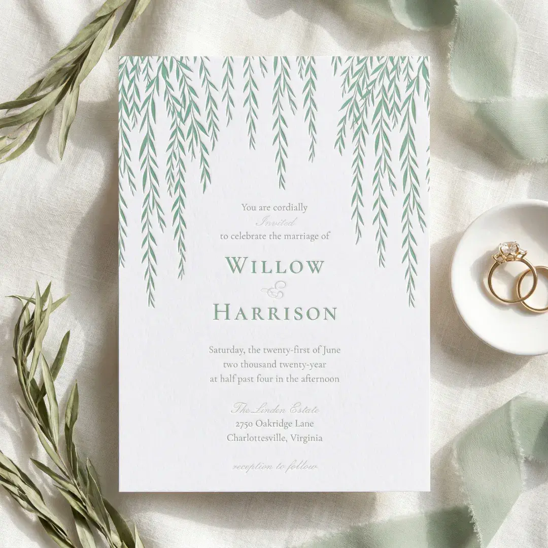 Modern Elegant Rustic Willow Tree Foliage Wedding Letterpress Invitation