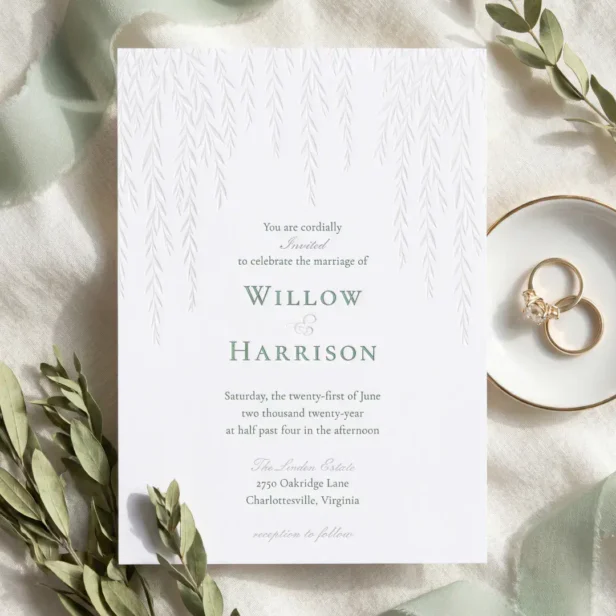 Modern Elegant Rustic Willow Tree Foliage Wedding Letterpress Invitation