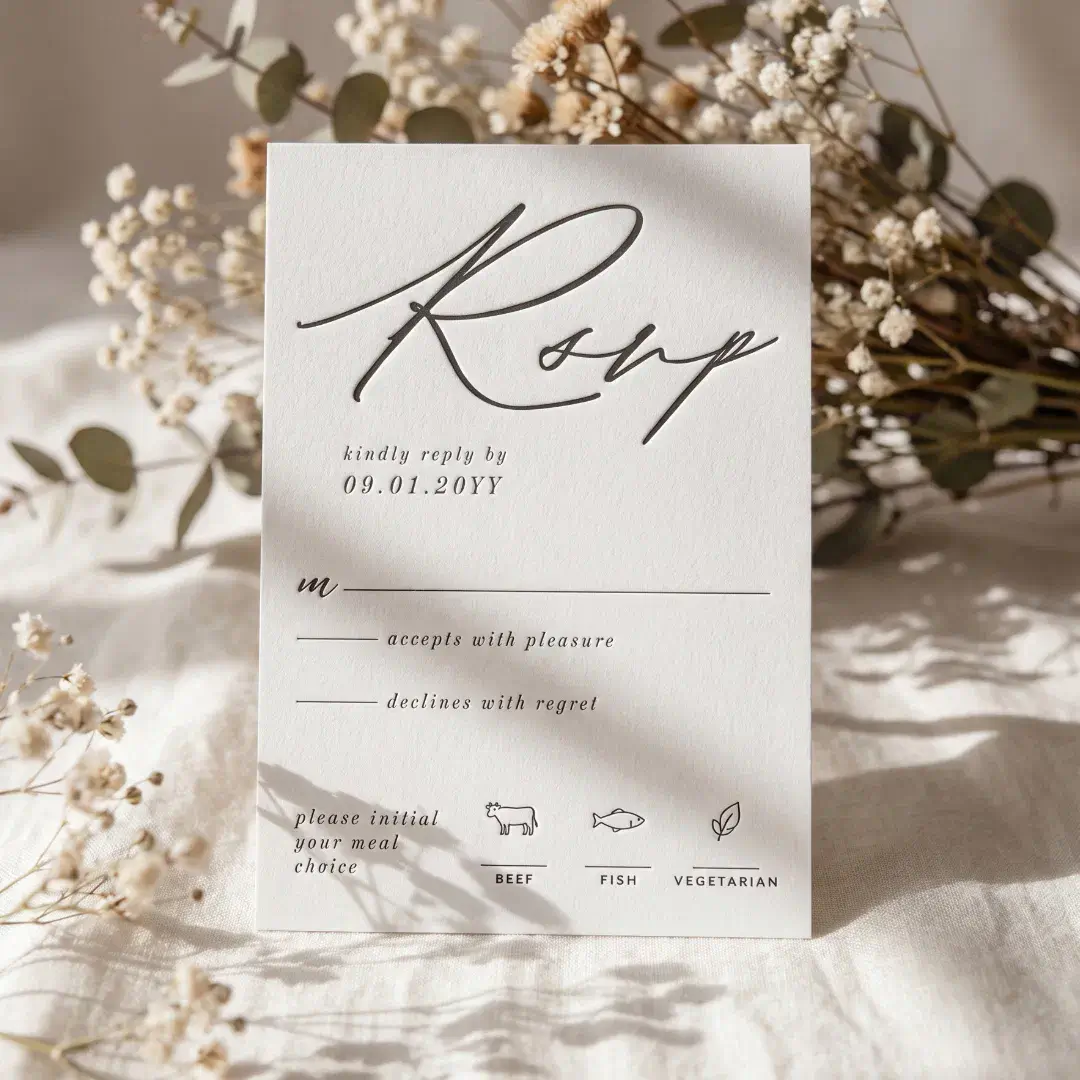 Modern Minimal Calligraphy Script Simple Wedding Letterpress RSVP Cards