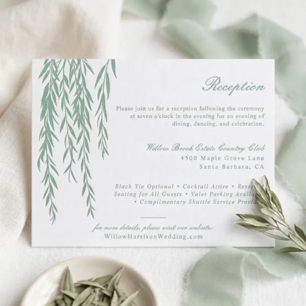 Modern Rustic Willow Foliage Wedding Reception Letterpress Enclosure Card