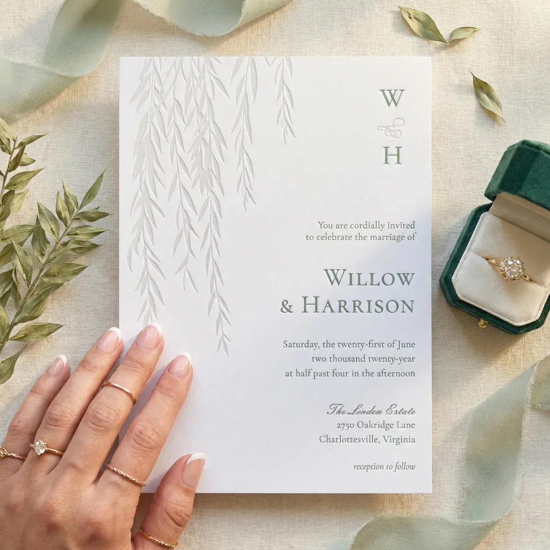 Modern Rustic Willow Tree Foliage Monogram Wedding Letterpress Invitation