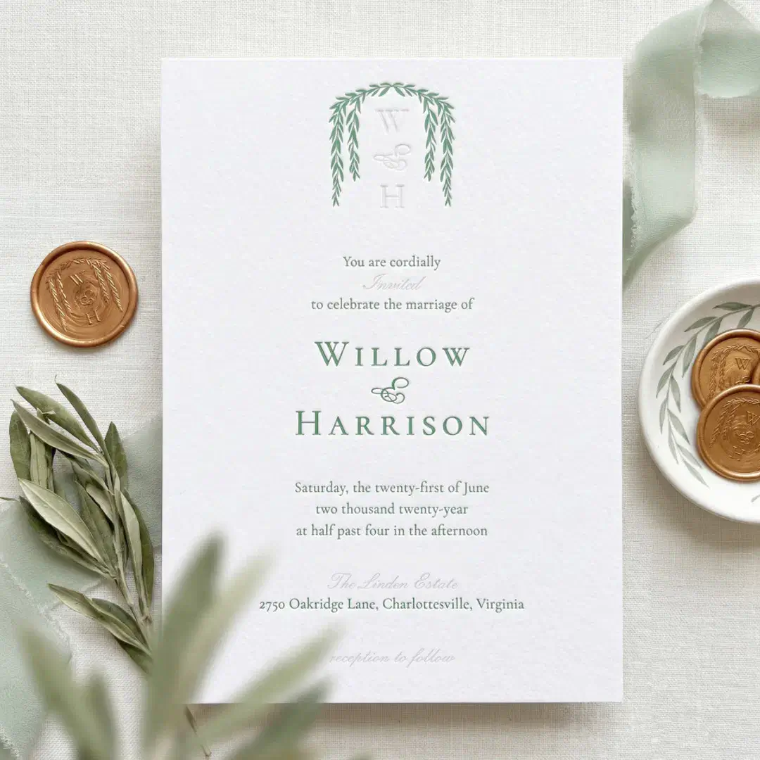 Modern Rustic Willow Tree Foliage Monogram Wedding Letterpress Invitation