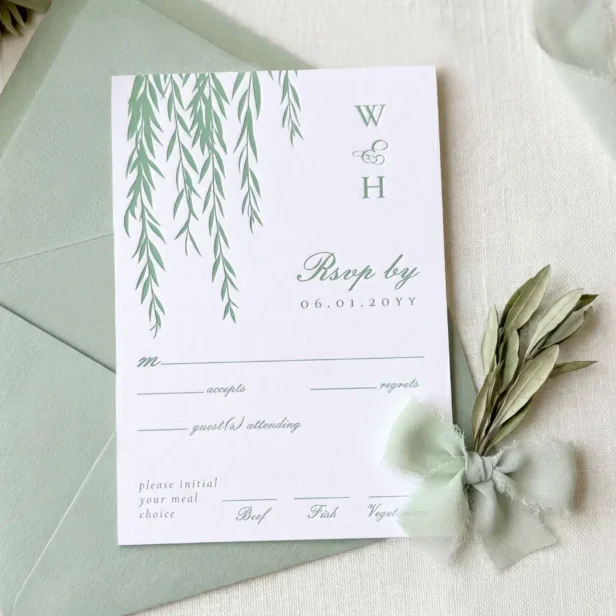 Modern Rustic Willow Tree Foliage Monogram Wedding Letterpress RSVP Cards
