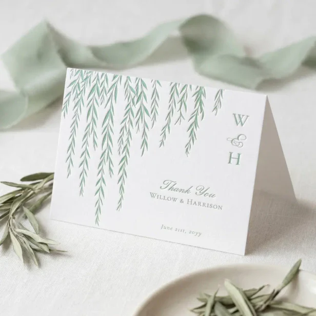 Modern Rustic Willow Tree Foliage Monogram Wedding Letterpress Thank You Card