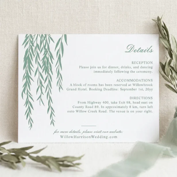 Modern Rustic Willow Tree Foliage Wedding Details Letterpress Enclosure Card