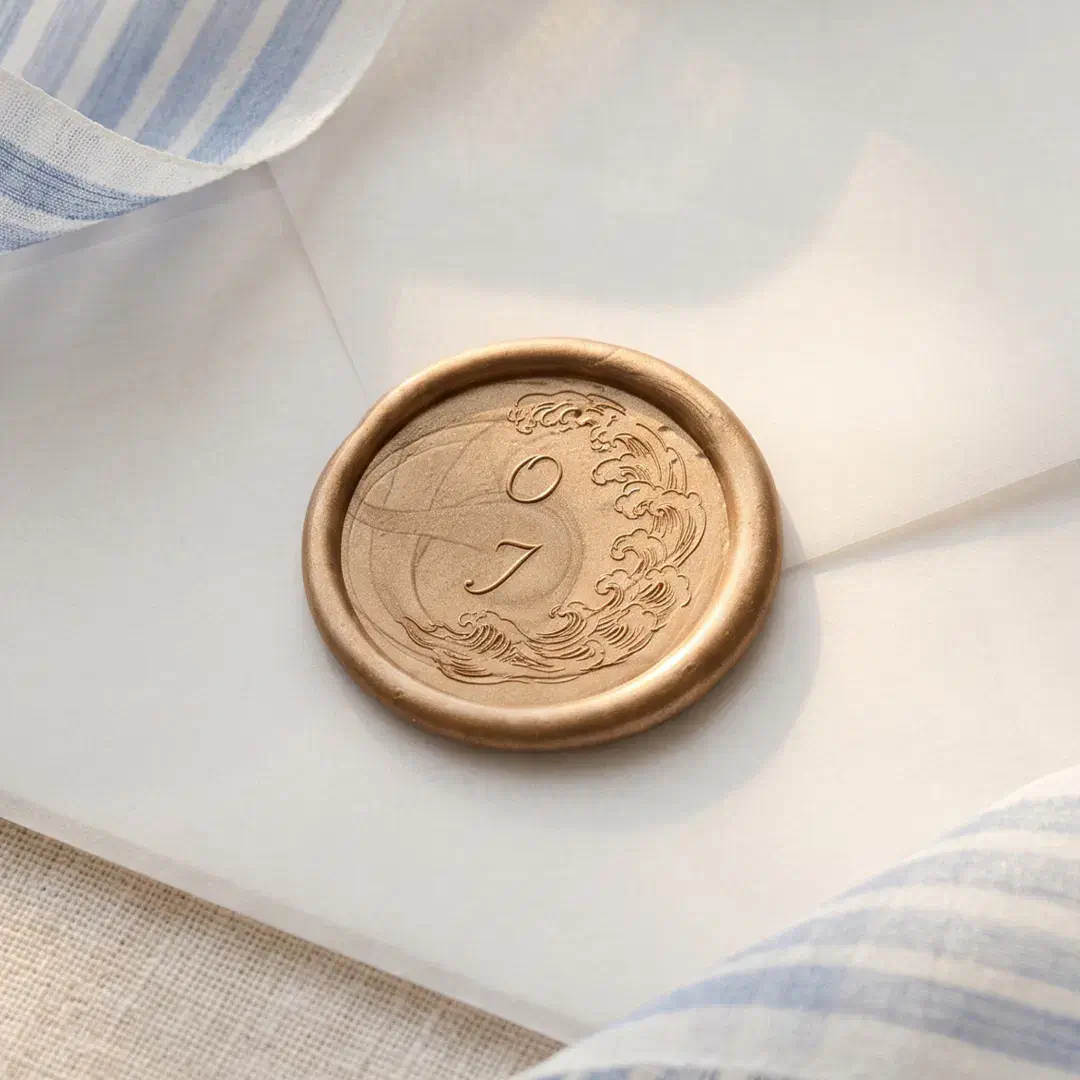 Nautical Coastal Beach Ocean wave Monogram Wedding Wax Seal Sticker