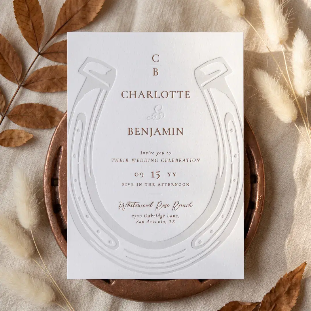 Rustic Elegant Horseshoe Monogram Western Wedding Letterpress Invitation