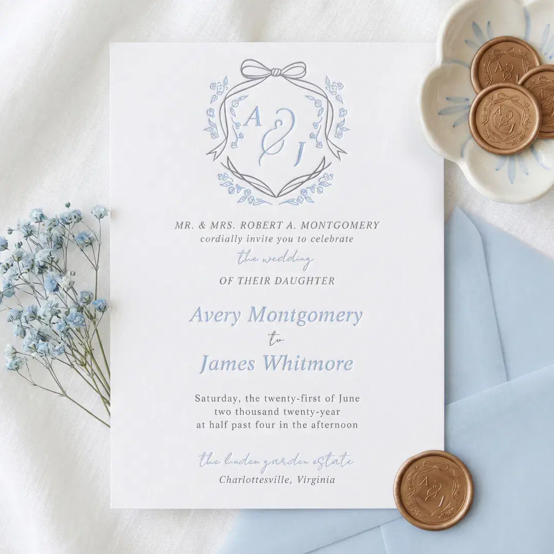 Vintage Chic Bow Floral Crest Monogram Wedding Letterpress Invitation