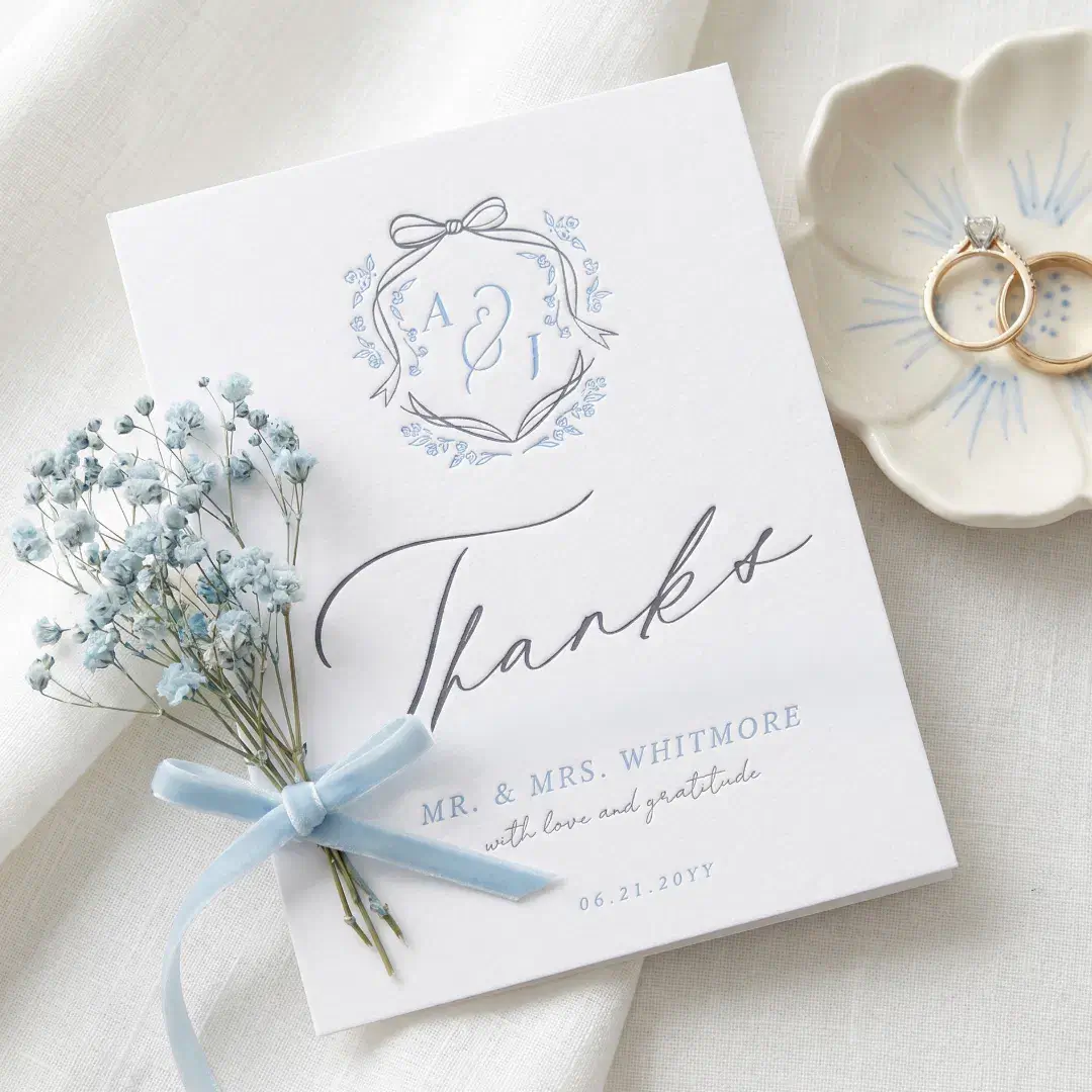 Vintage Chic Bow Floral Crest Monogram Wedding Letterpress Thank You Card
