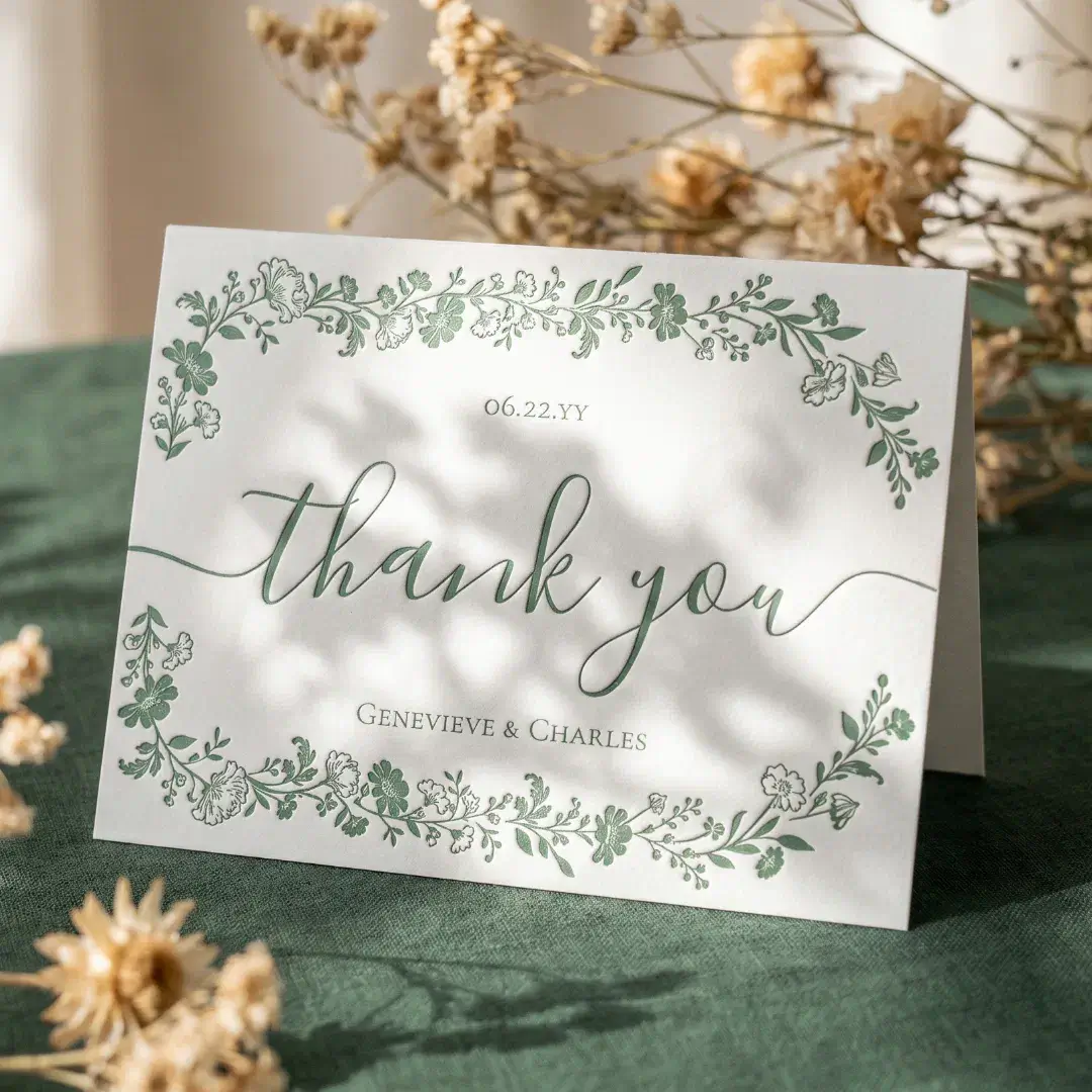 Wedding Floral Frame   Elegant Hand-Drawn Letterpress Thank You Card