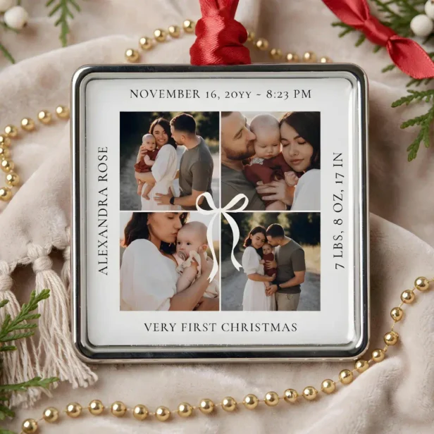 Baby First Christmas Bow Photo Collage Birth Stats Metal Ornament