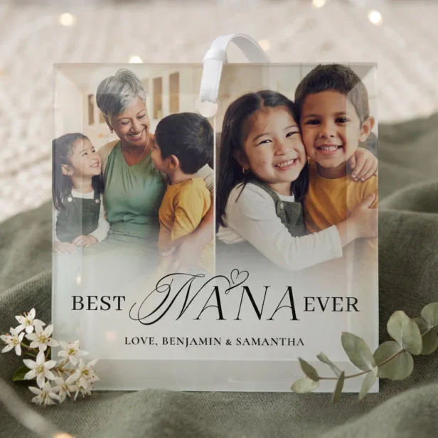 Best Nana Ever Personalized 2 Photo Collage Gift Glass Ornament