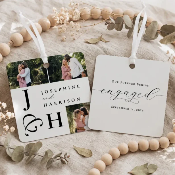 Bold Modern Monogram Engagement Photo Keepsake Metal Ornament