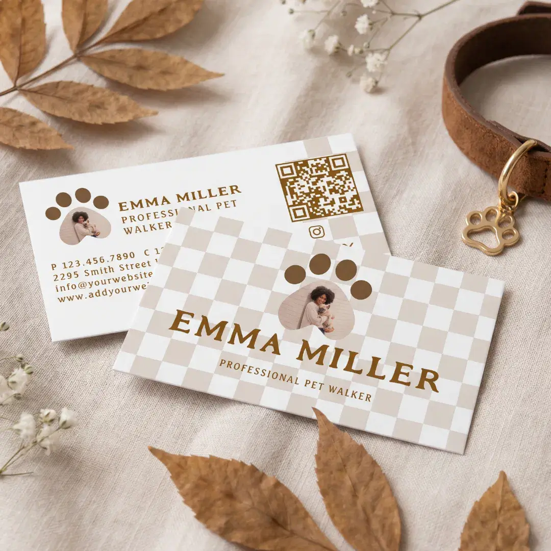 Checkered Pattern Dog Walker Pet Sitter Photo QR Business Card