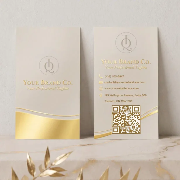 Custom Luxury Beige Gold Foil QR Code & Logo Business Cards