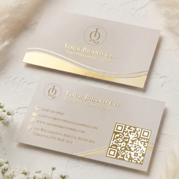 Custom Luxury Beige Gold Foil QR Code & Logo Business Cards