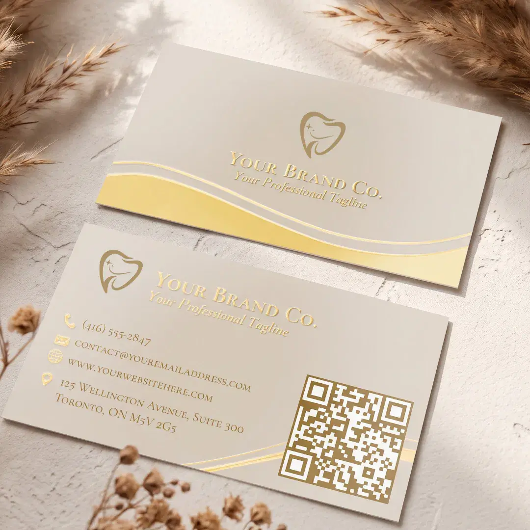 Custom Luxury Dental Beige Gold Foil QR Code Logo Business Cards