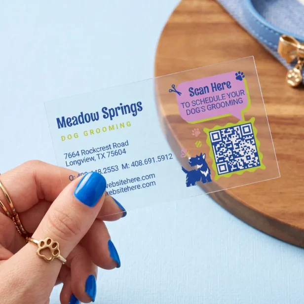 Cute Profestional Pet Dog Animal Grooming Qr Code Clear Business Cards