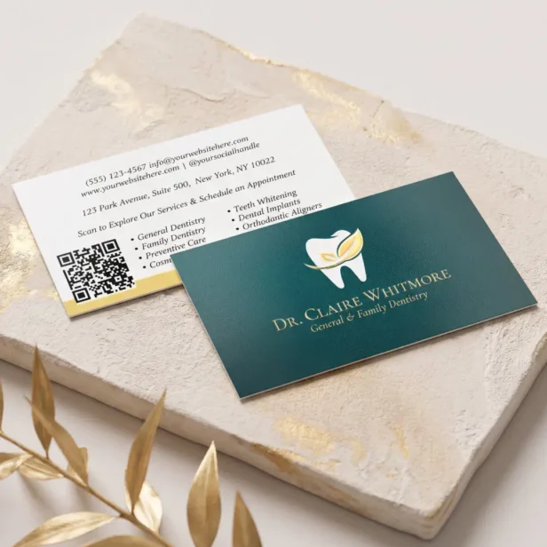 Elegant Dental Tooth Dentist Practice QR Code Gold Foil Business Cards