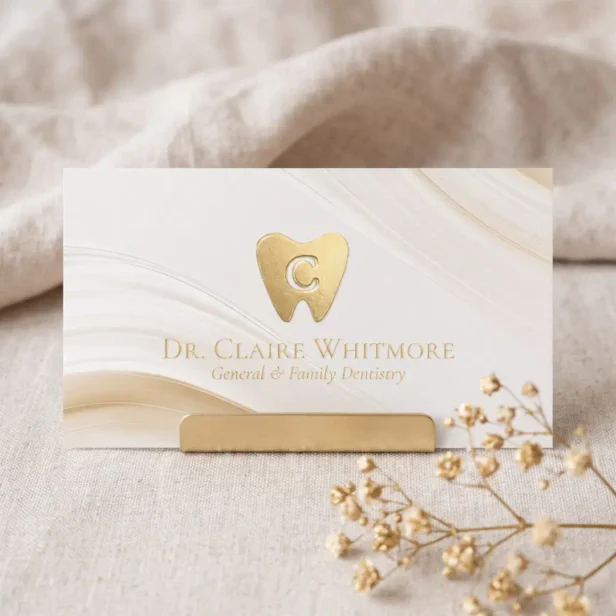 Elegant Dental Tooth Dentist Practice QR Code Gold Foil Business Cards