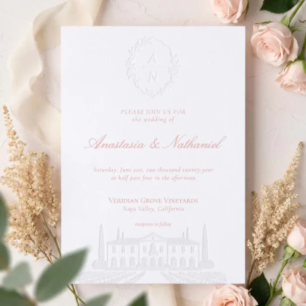 Elegant Hand Drawn Wedding Venue & Monogram Crest Letterpress Invitation