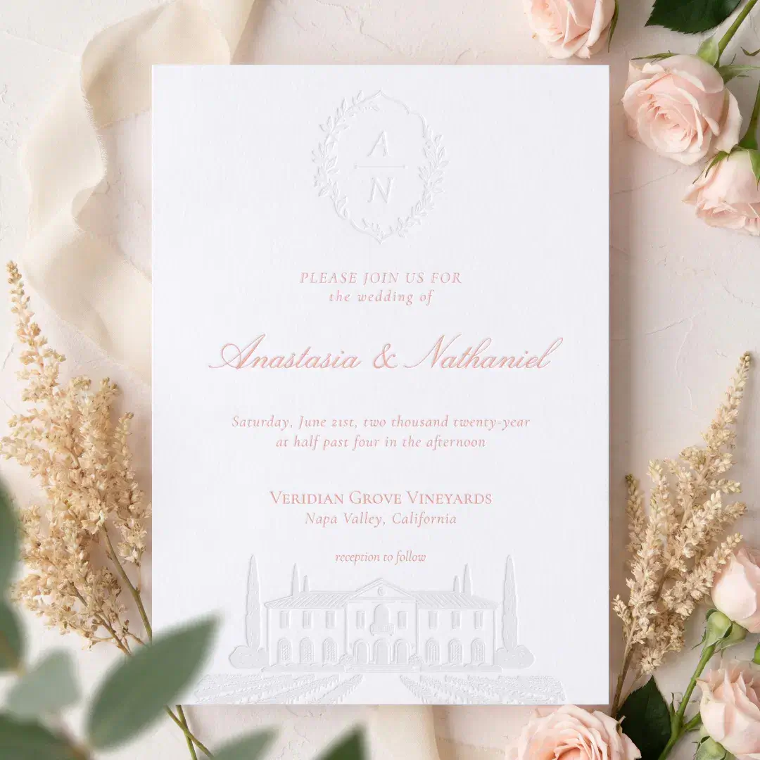 Elegant Hand Drawn Wedding Venue & Monogram Crest Letterpress Invitation