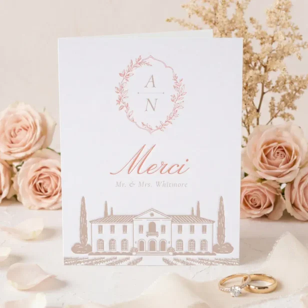 Elegant Hand Drawn Wedding Venue & Monogram Crest Letterpress Thank You Card