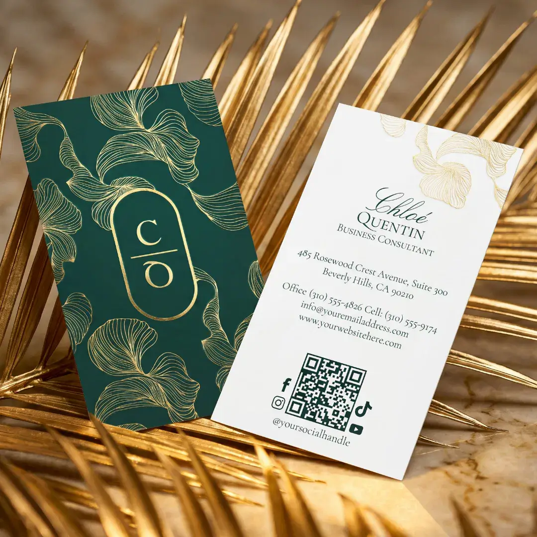 Elegant Luxury Leaf Emerald Green Monogram Crest Foil Business Cards