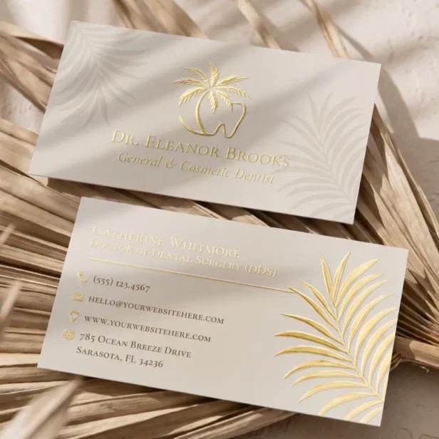 Elegant Luxury Tropical Palm Leaf Dentist Practice Foil Business Cards