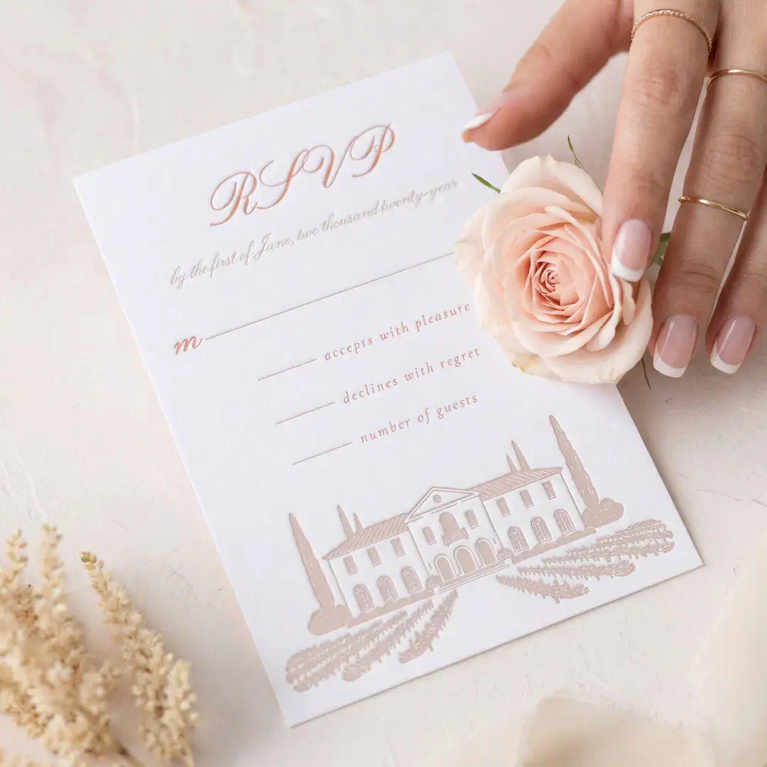 Elegant Minimal Script Hand Drawn Wedding Venue Letterpress RSVP Cards