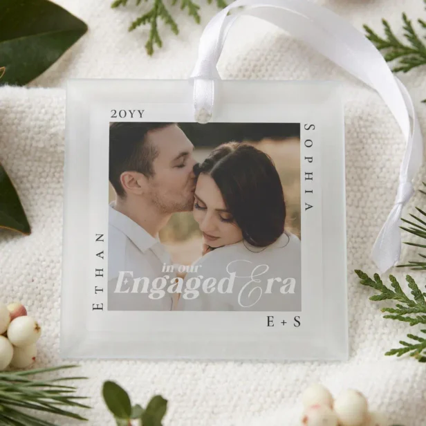 Engaged Era Minimal Engagement Photo Keepsake Glass Ornament