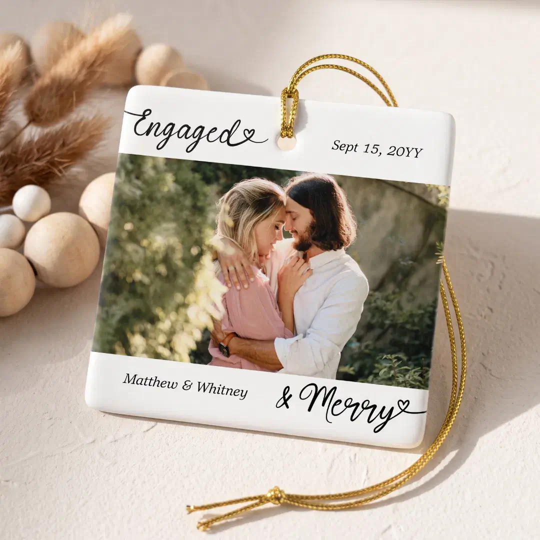Engaged & Merry Minimal Engagement Photo Keepsake Ceramic Ornament