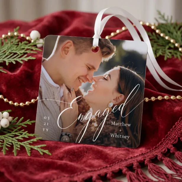 Engaged Minimal Elegant Script Engagement Photo Metal Ornament