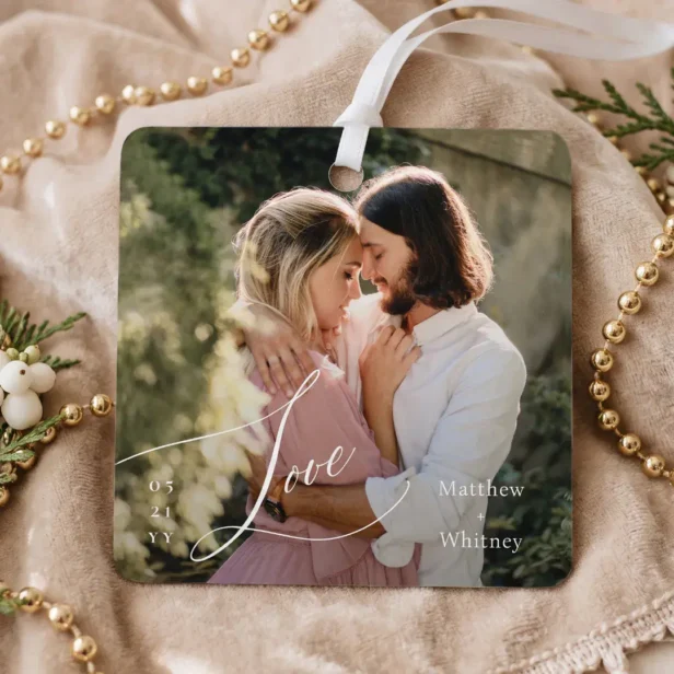 Engaged Minimal Love Script Engagement Photo Gift Metal Ornament