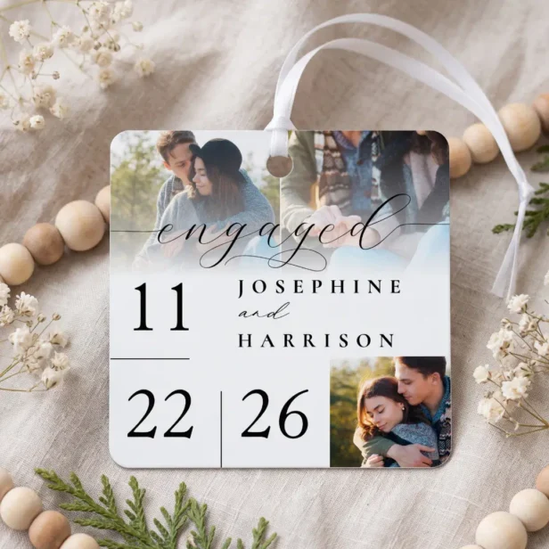 Engaged Modern Script Engagement Photo Keepsake Metal Ornament