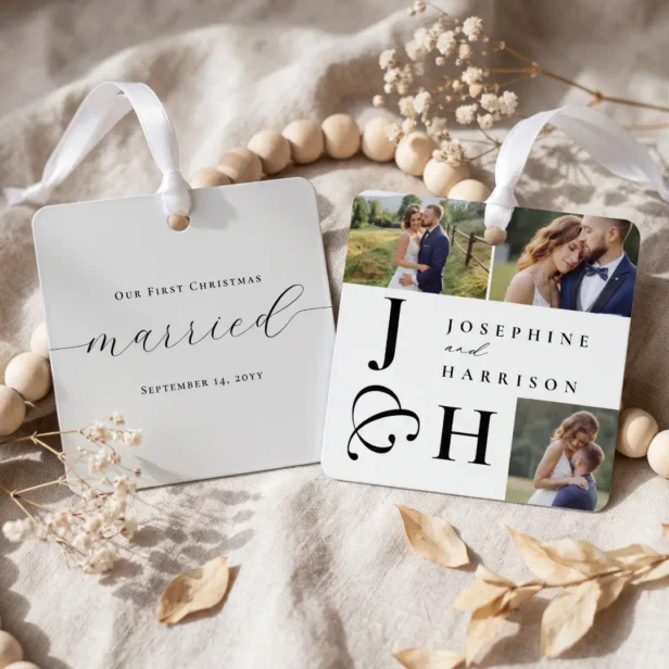 First Christmas Wedding Photo Monogram Keepsake Metal Ornament