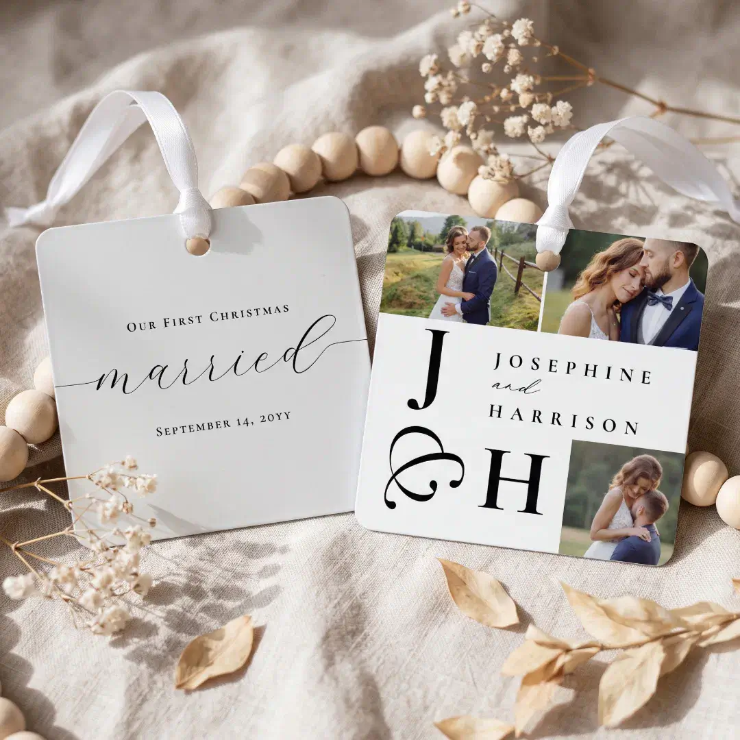 First Christmas Wedding Photo Monogram Keepsake Metal Ornament
