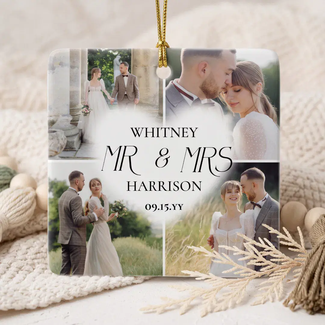 First Married Mr & Mrs Photo Collage Keepsake Ceramic Ornament