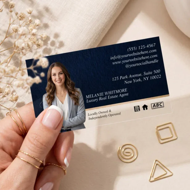 Luxury Navy Blue Gold Real Estate Agent Photo Clear Business Cards