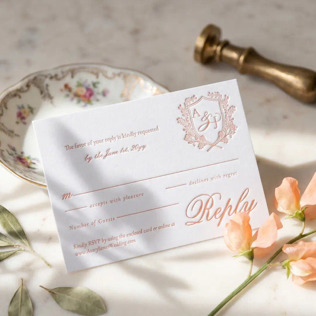 Luxury Vintage Floral Crest Monogram Wedding Letterpress RSVP Cards